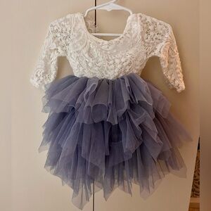 Elegant White and Gray Lace Kids Formal Dress
